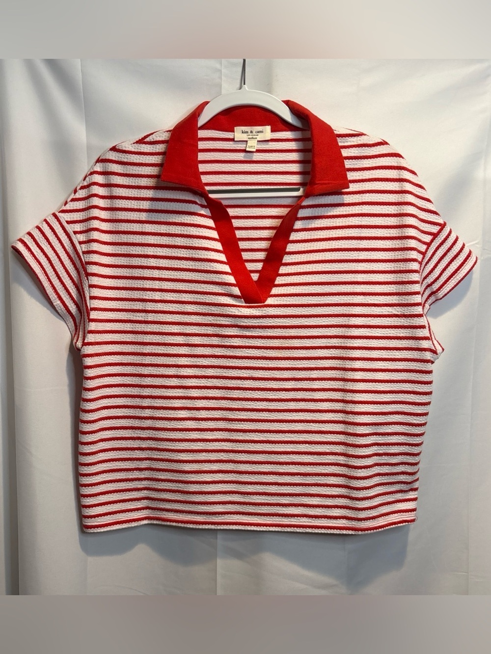 Kim & Cami Red and White Striped Short Sleeve Polo Top